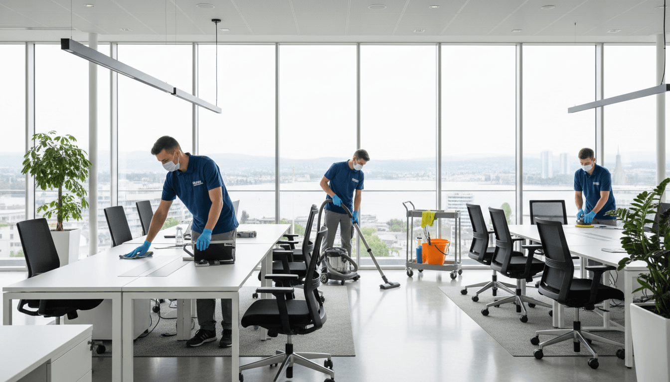 Professional cleaning team working in a modern office in Constance, emphasizing hygiene and professionalism.