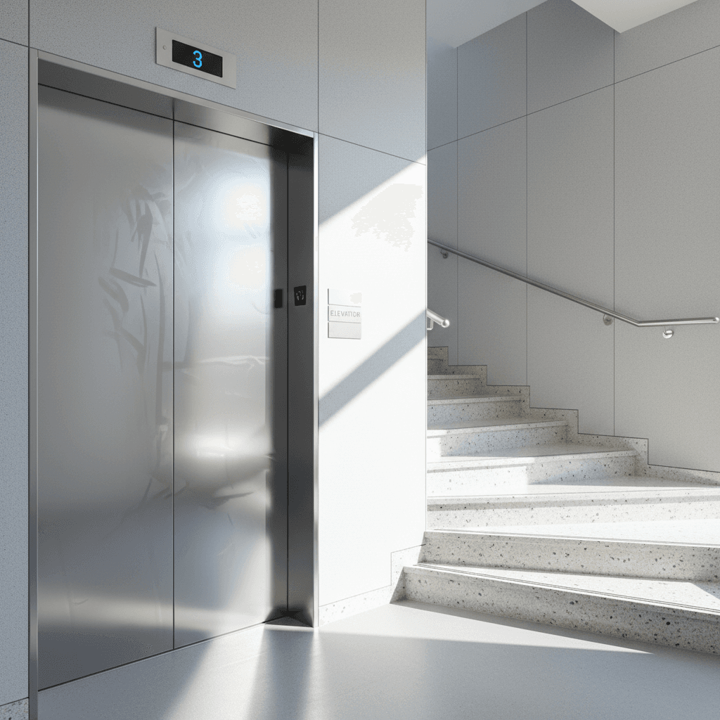 Pristine stairwell with polished steps and a gleaming disinfected elevator in a modern building