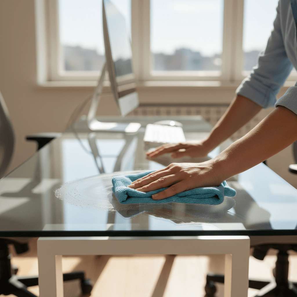 Professionelle Reinigung eines modernen Bürotisches
