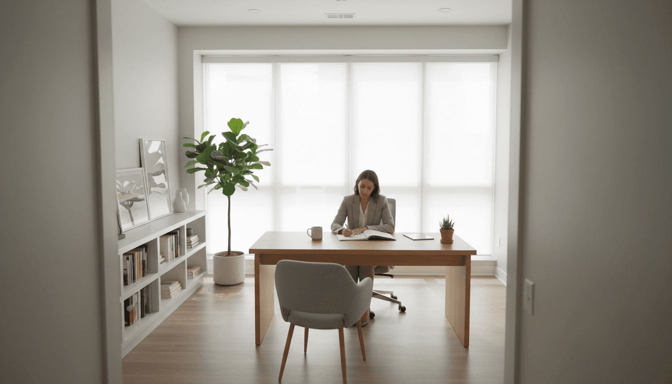 Modernes, sauberes Büro mit glänzenden Oberflächen und professioneller Ausstattung