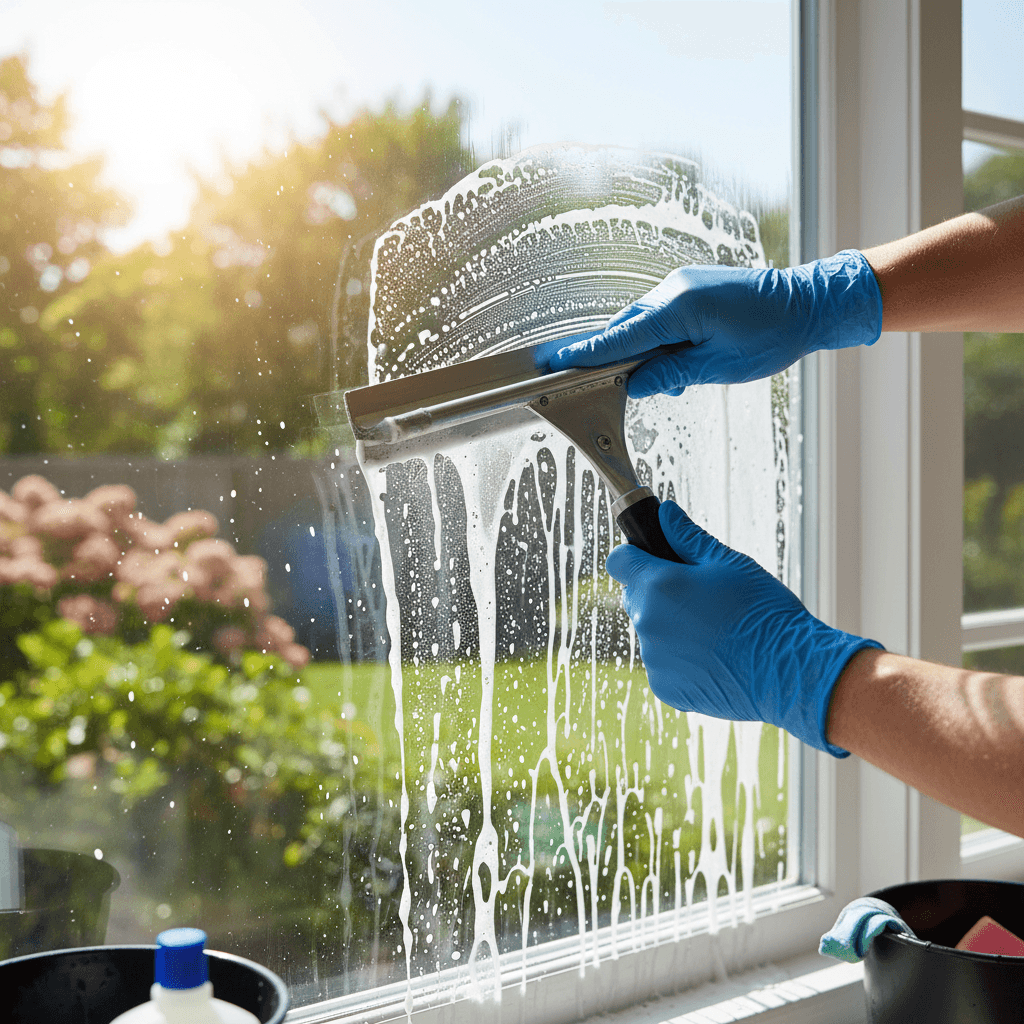 Professional cleaner's gloved hands using squeegee on sunlit residential window pane
