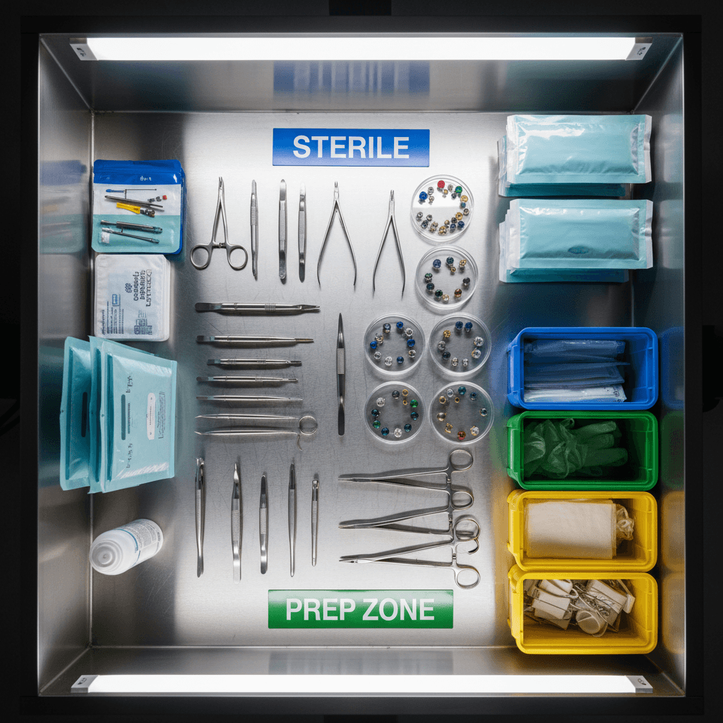 Sterile medizinische Praxis mit glänzenden Oberflächen und professioneller Desinfektionsmittelausstattung